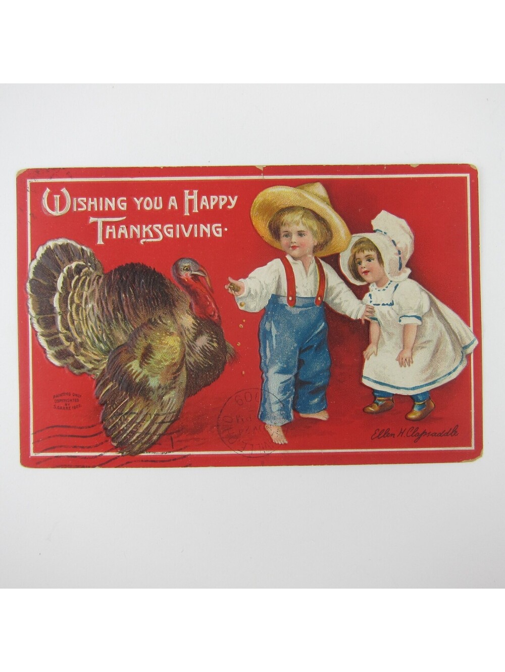 Thanksgiving Postcard Wild Turkey Boy & Girl Clapsaddle Embossed Antique 1909